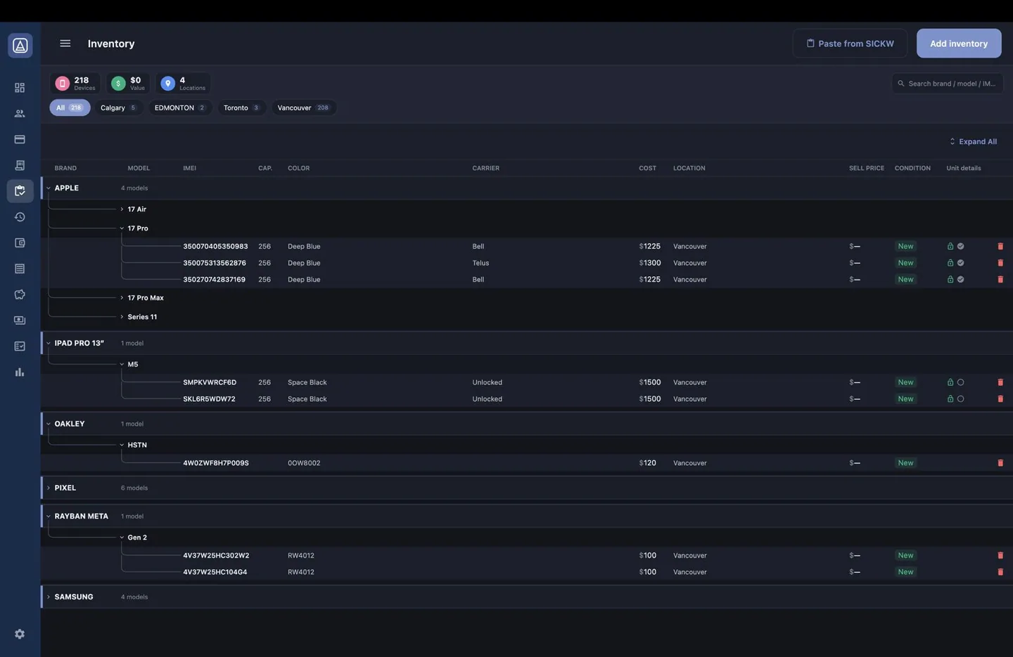 Aromex desktop app: Inventory grouped by brand and model, with device counts, stock value and locations at the top