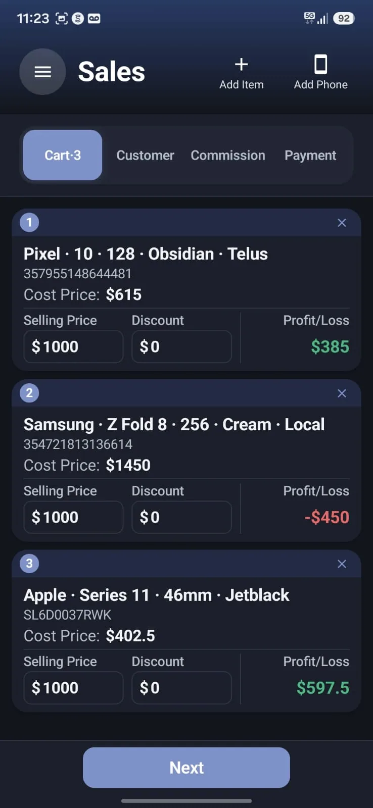 Aromex mobile app: the cart of a sale showing cost price, selling price, discount and profit per device