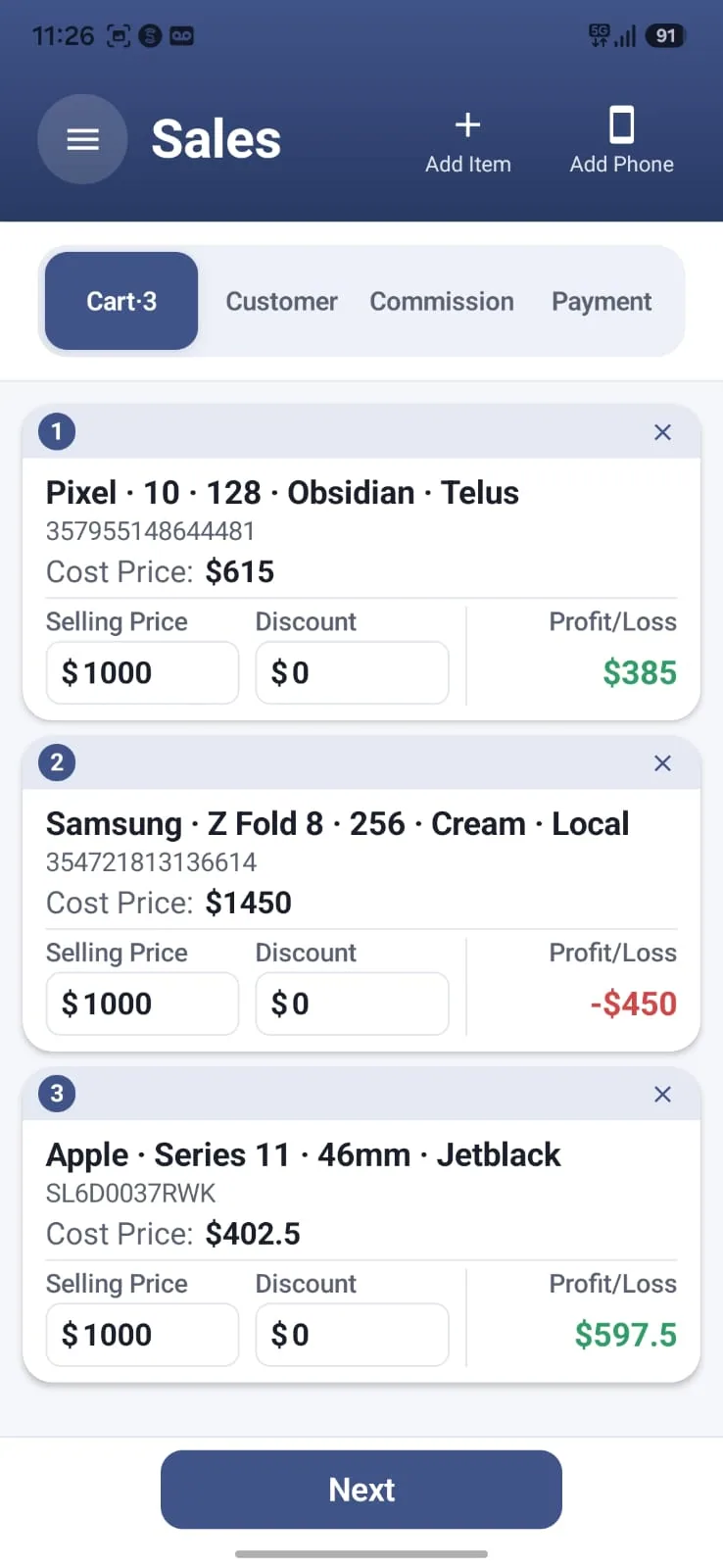 Aromex mobile app: the cart of a sale showing cost price, selling price, discount and profit per device