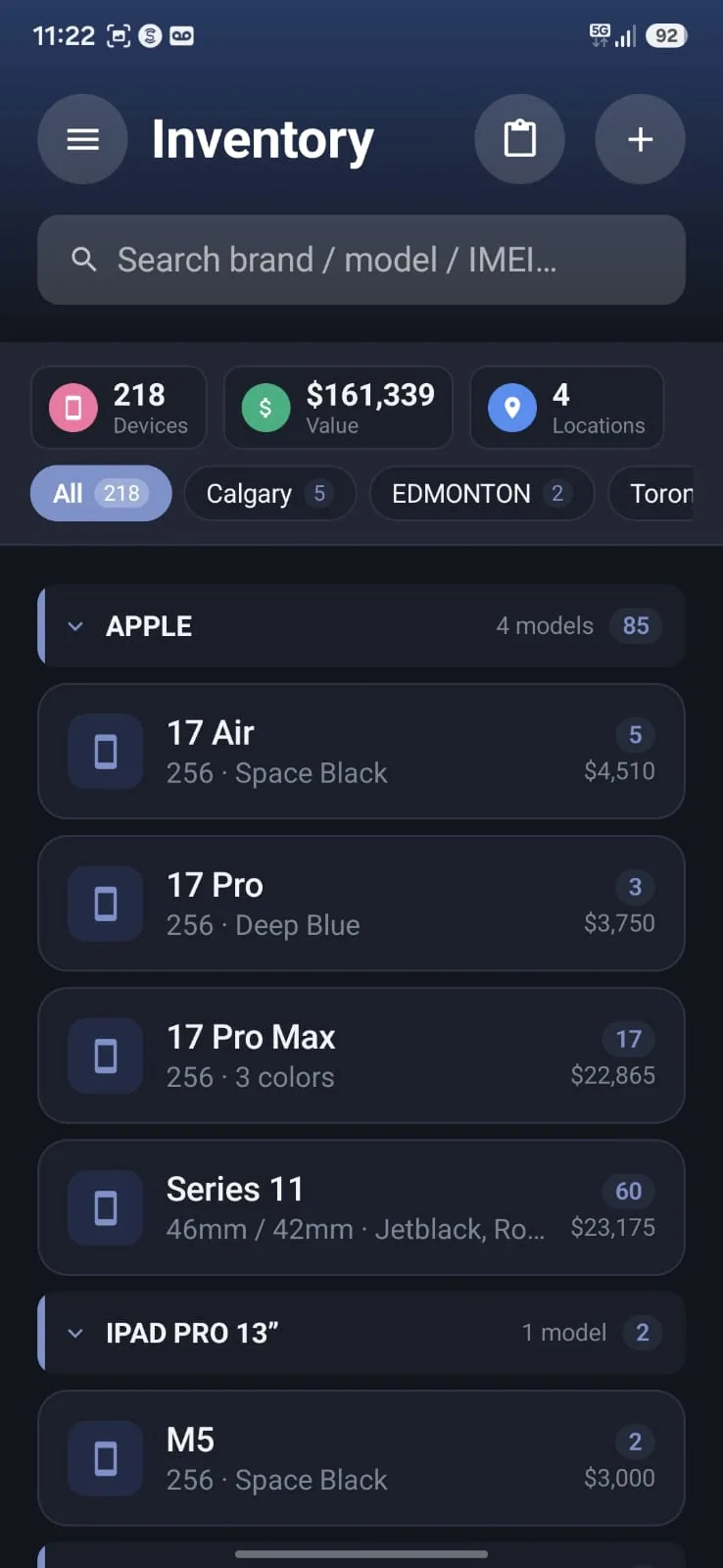 Aromex mobile app: Inventory by brand with device counts, stock value and locations