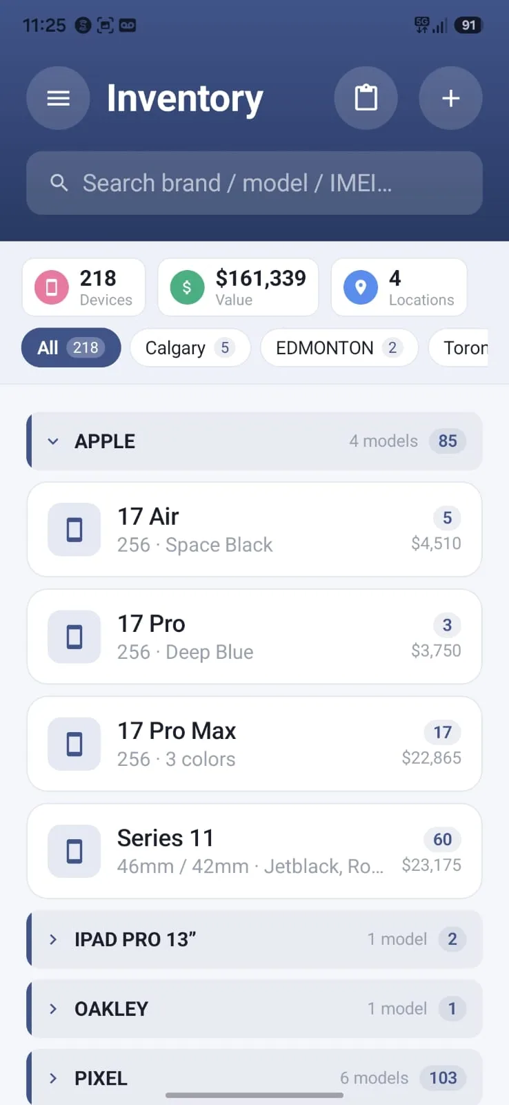 Aromex mobile app: Inventory by brand with device counts, stock value and locations