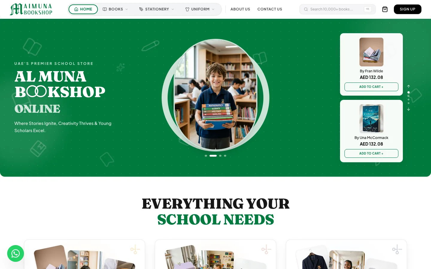 Al Muna Bookshop homepage with department navigation, a hero for the online school store and featured books