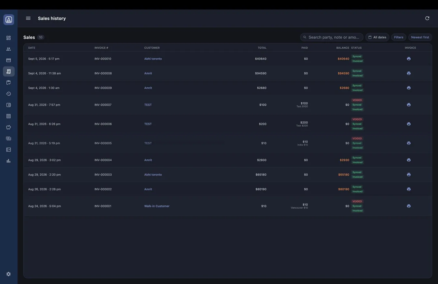 Aromex desktop app: the Sales list with invoice numbers, customers, totals, paid amounts and sync status