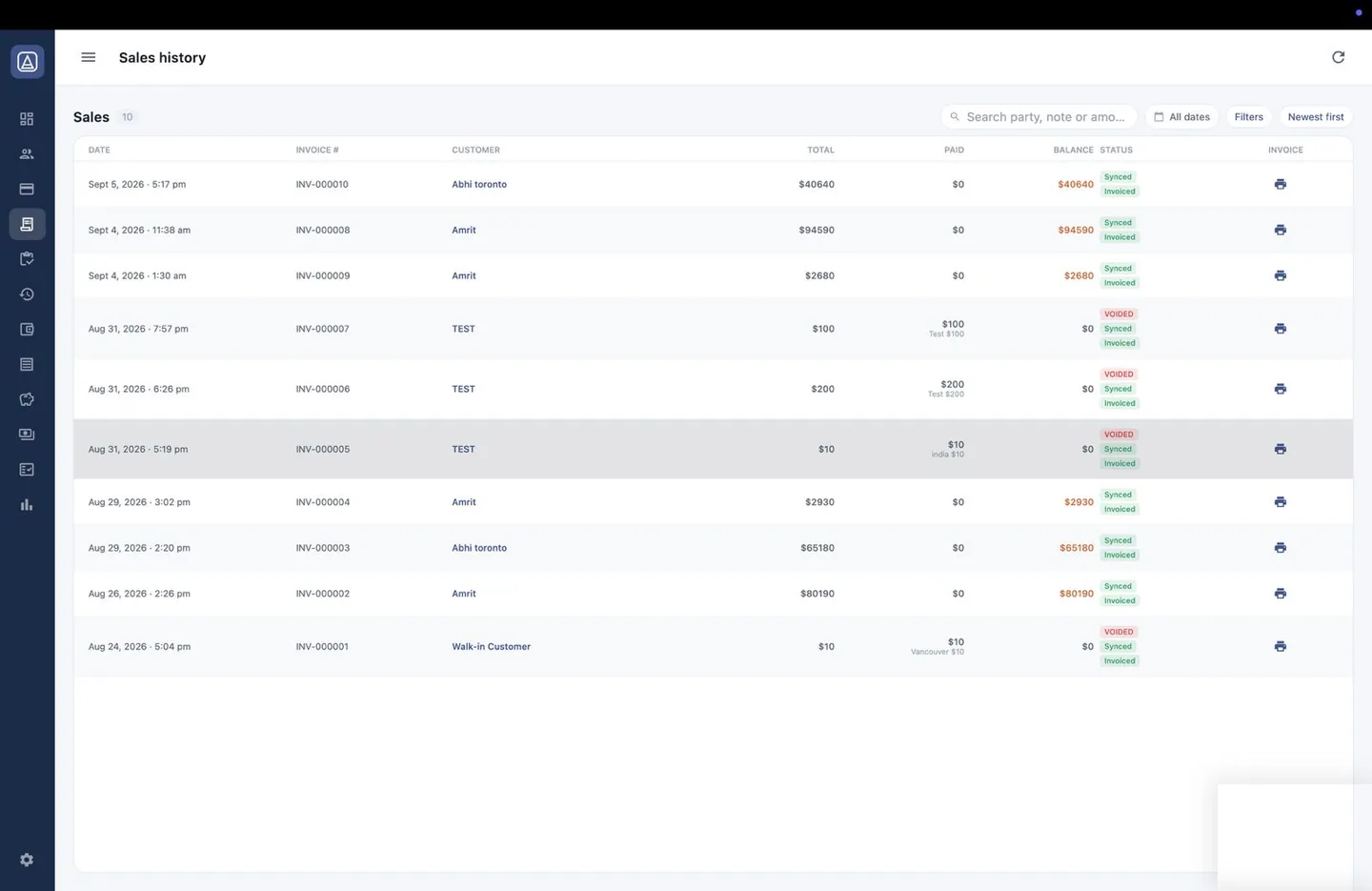 Aromex desktop app: the Sales list with invoice numbers, customers, totals, paid amounts and sync status