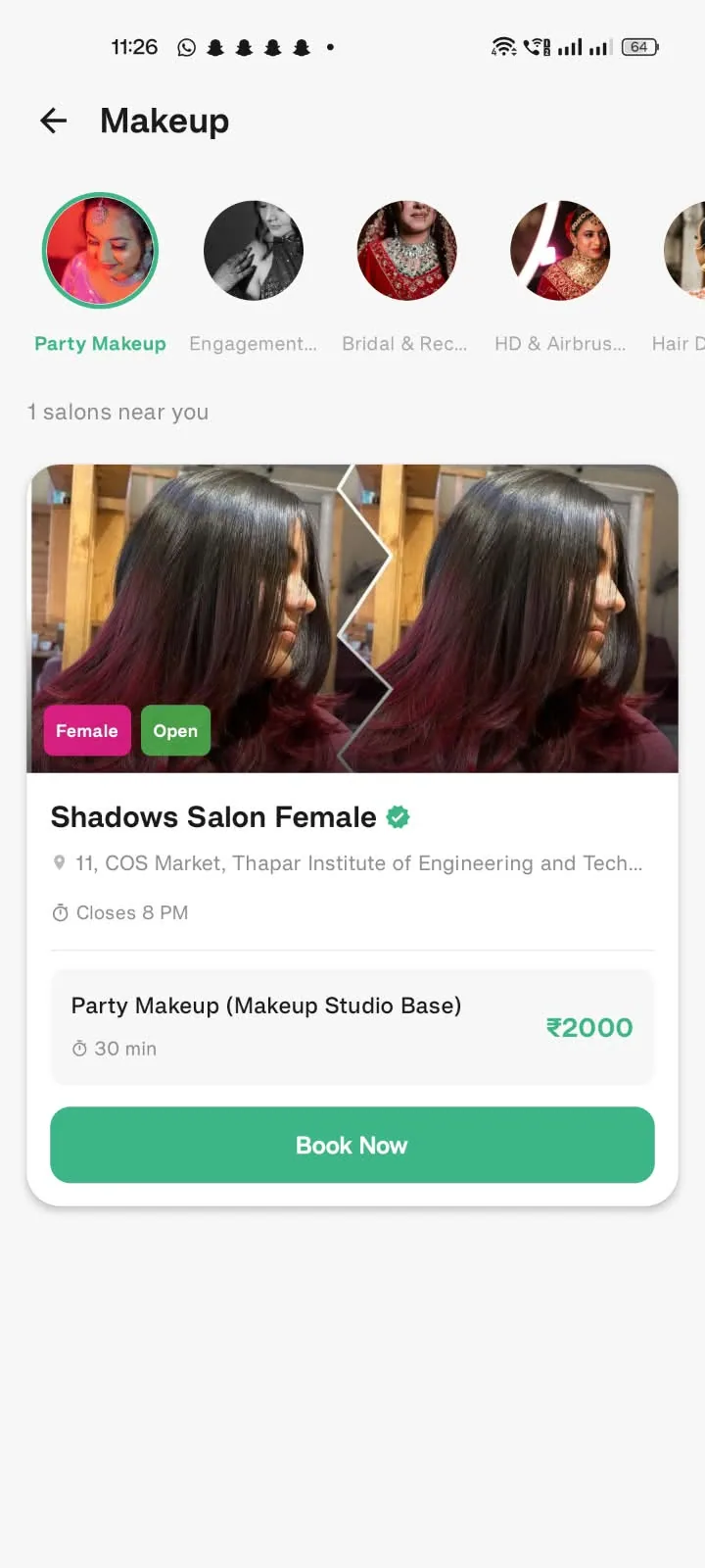 CutQ app: a makeup service at a nearby salon with its duration, price and a Book Now button