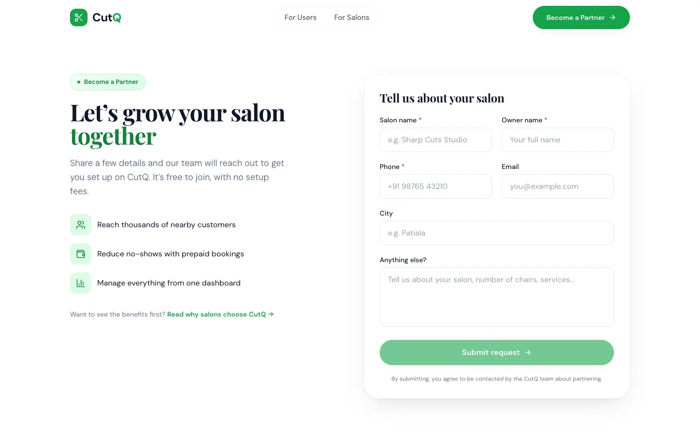 Become a Partner page with the salon application form