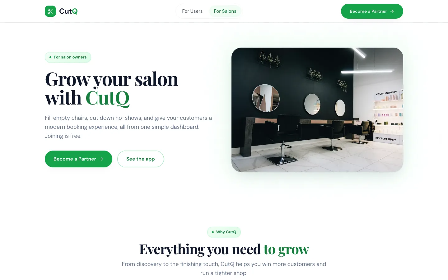 For Salons page explaining how CutQ helps salon owners