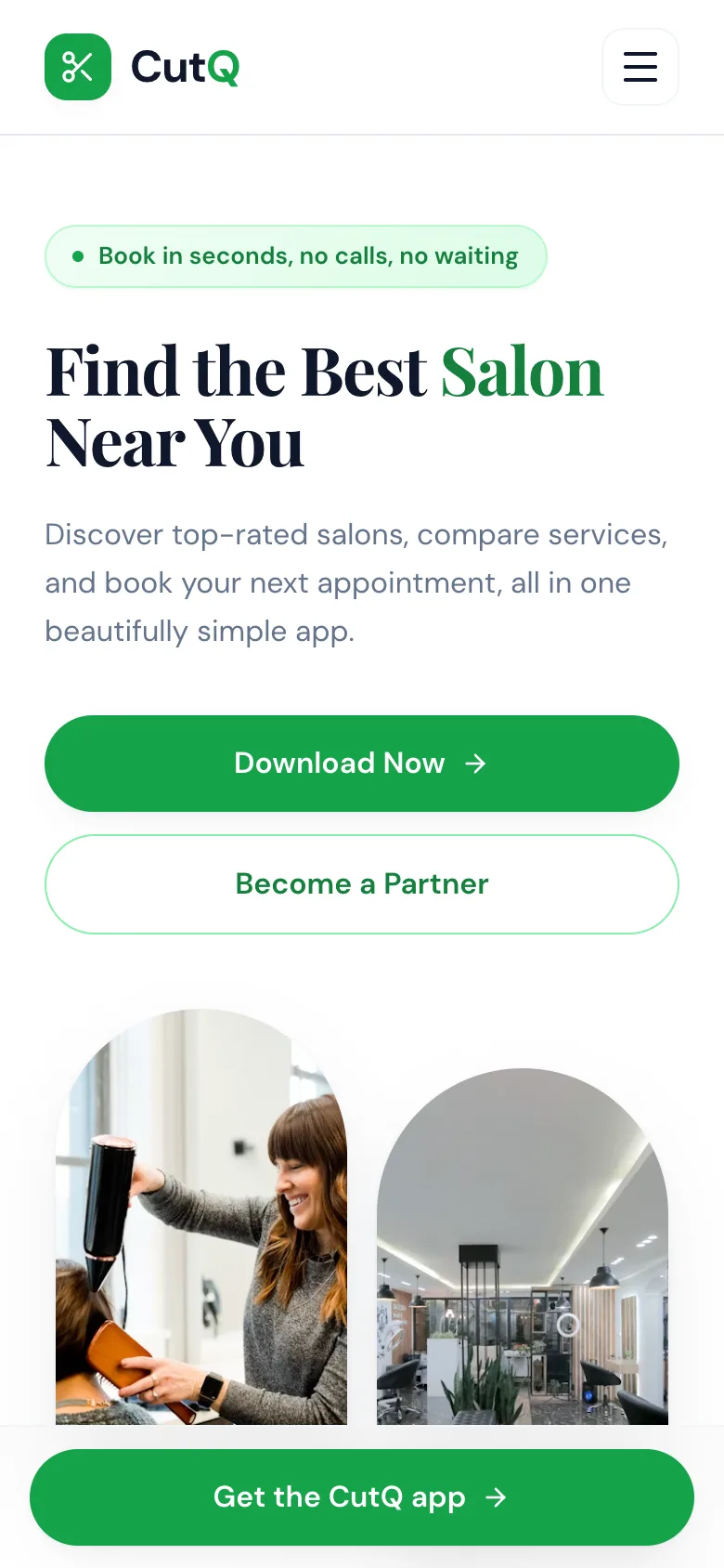 The CutQ website homepage on a phone