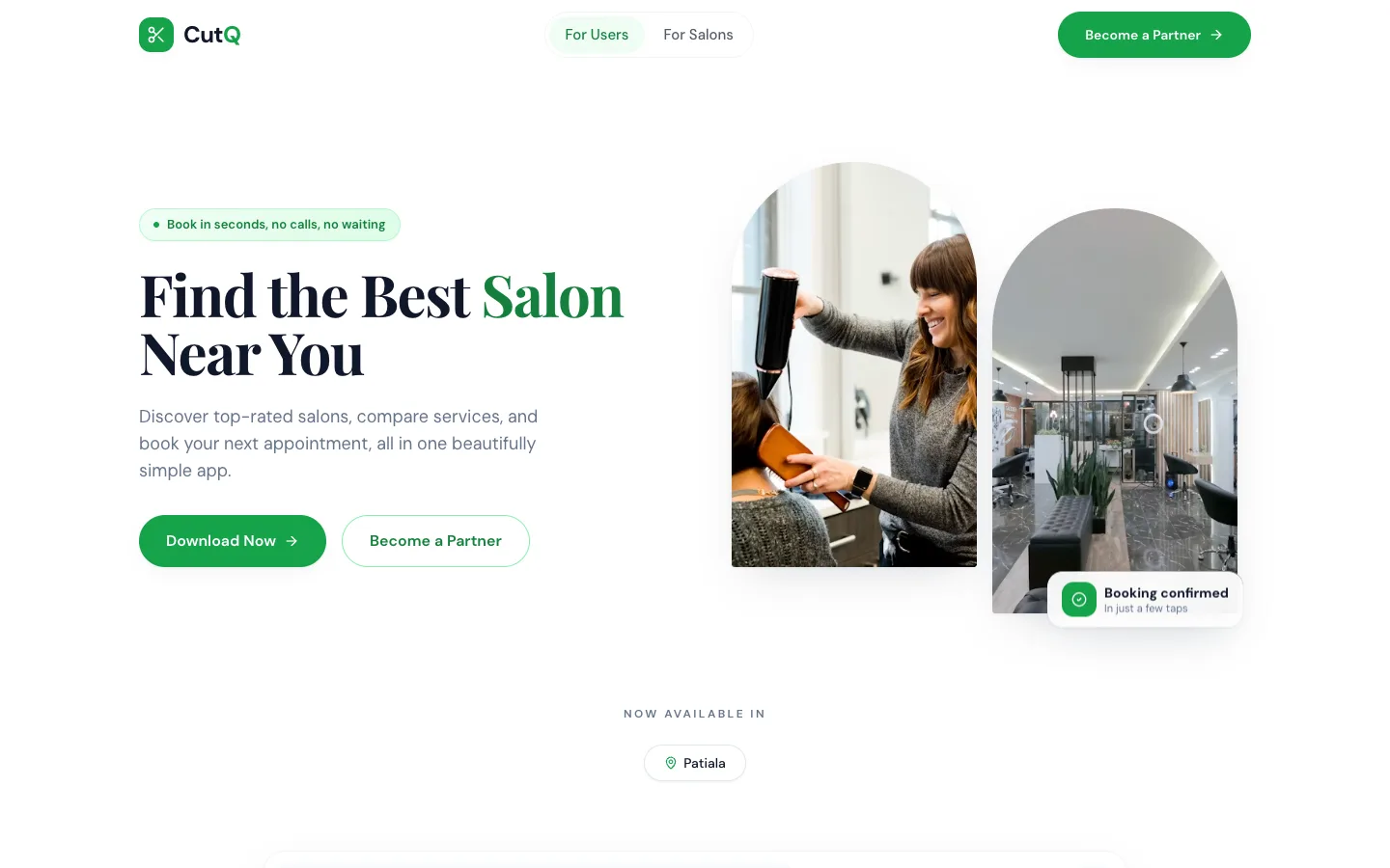 CutQ website homepage with the find-a-salon headline and live salon listings for Patiala