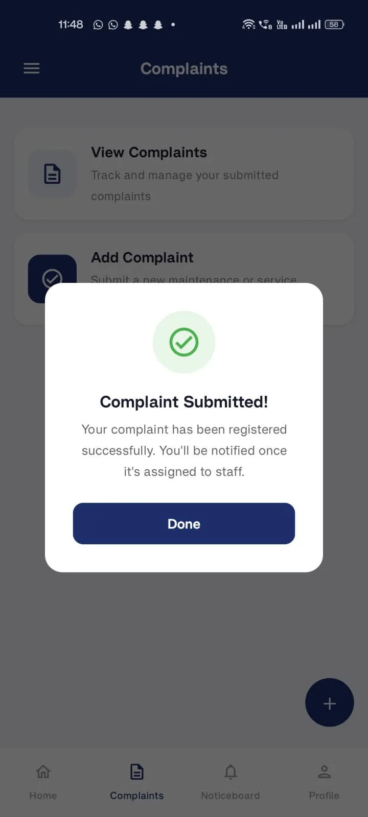 My Nest resident app: confirmation that a complaint has been submitted and will be assigned to staff