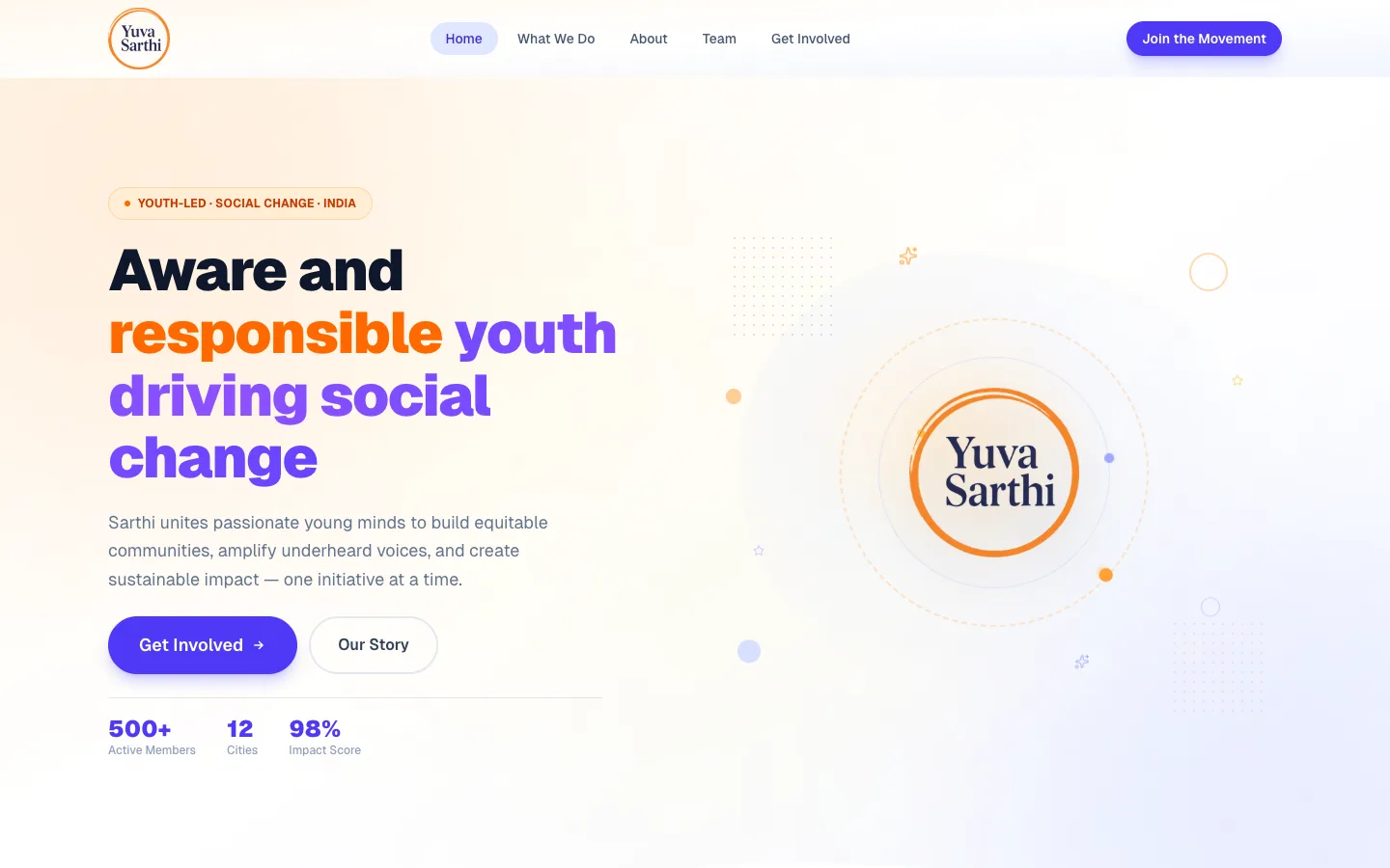 Sarthi concept homepage with the youth-led social change message and featured initiatives