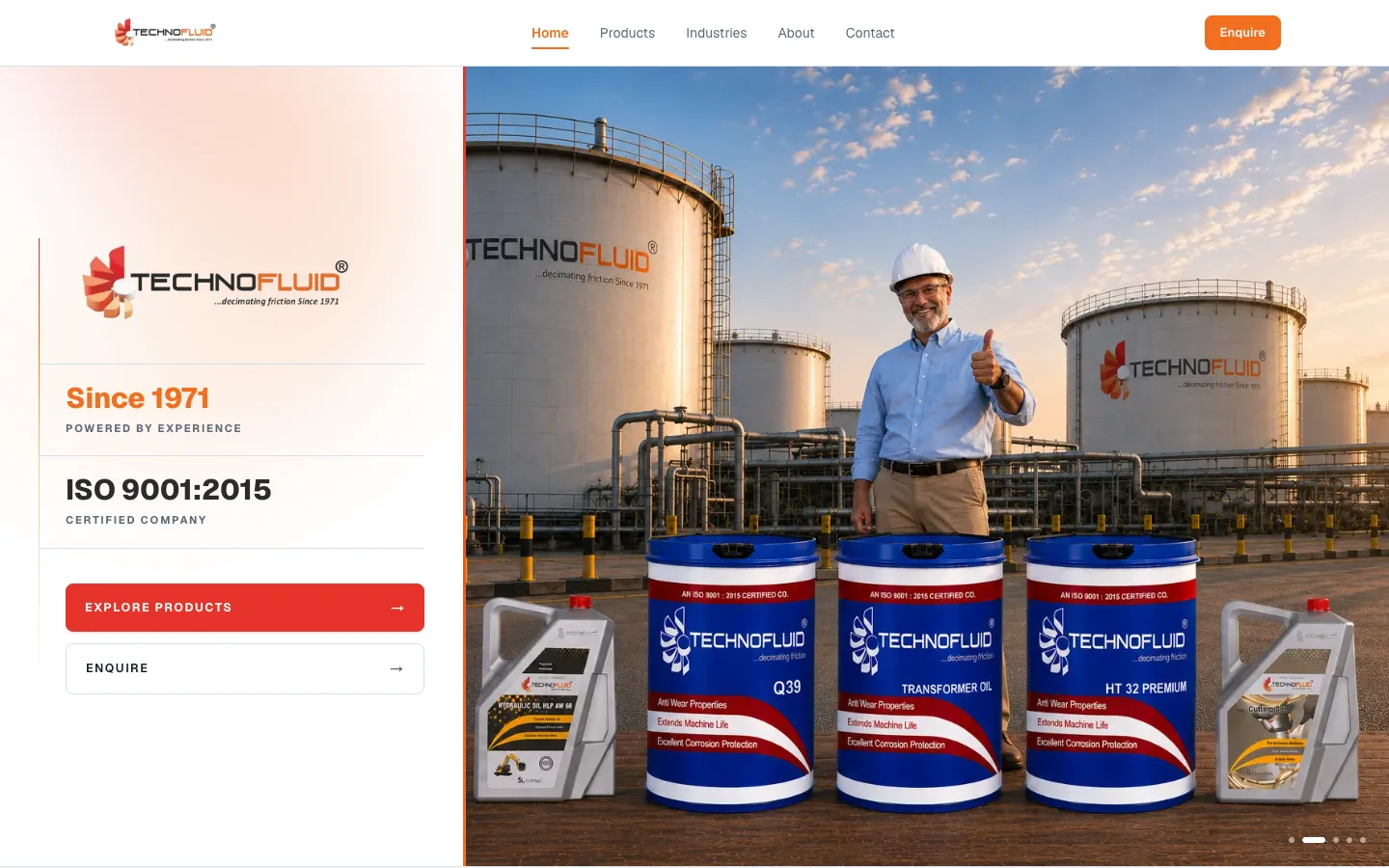 Technofluid Lubricants homepage with the brand panel, explore products and enquire actions, and a product hero image