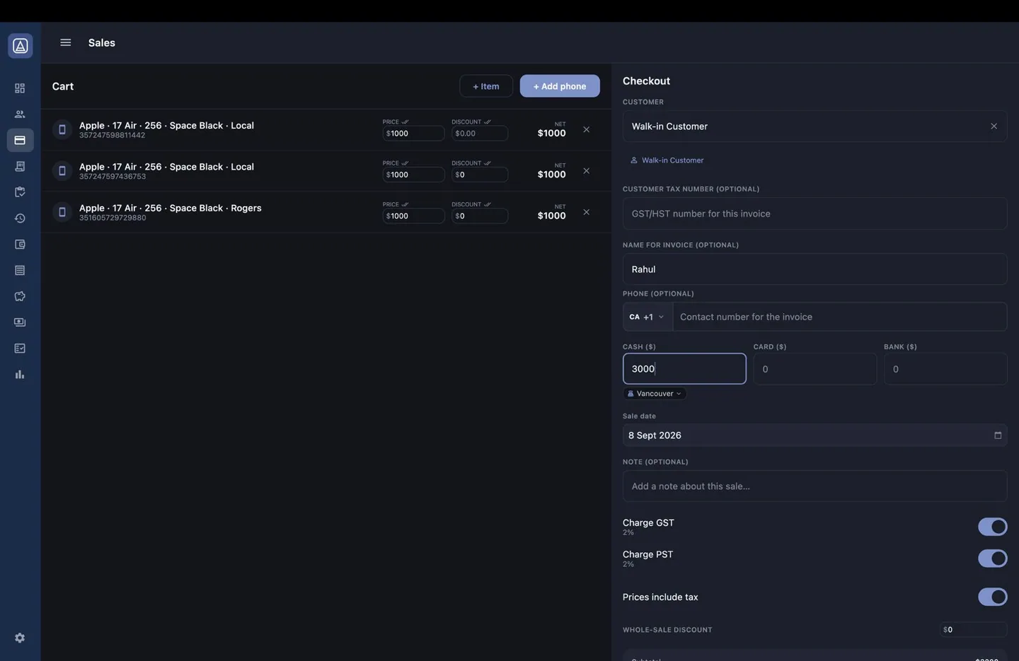 Aromex desktop app: a sale in progress with the cart on the left and checkout on the right, including customer, tax toggles and the sale date