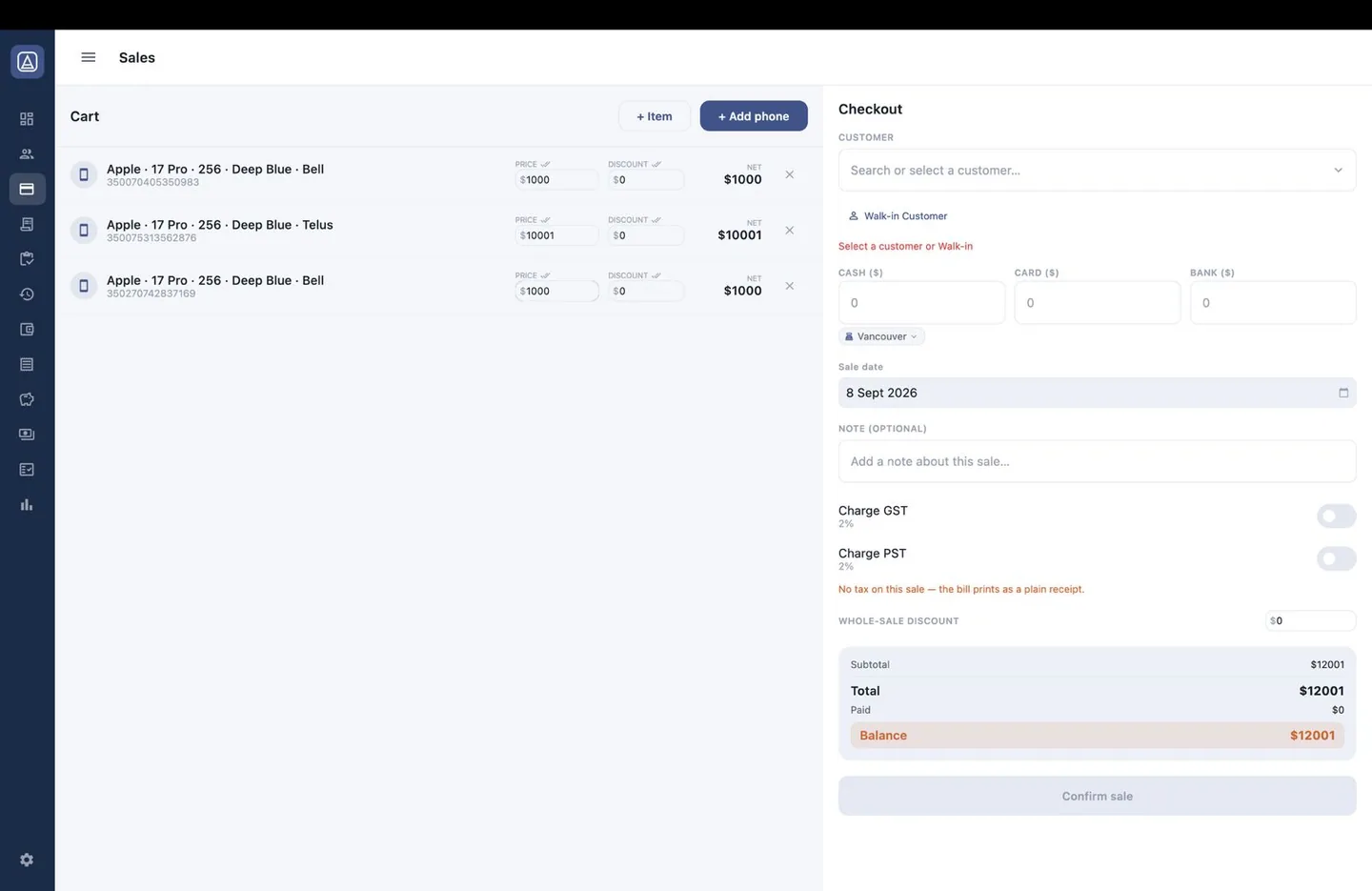 Aromex desktop app: a sale in progress with the cart on the left and checkout on the right, including customer, tax toggles and the sale date
