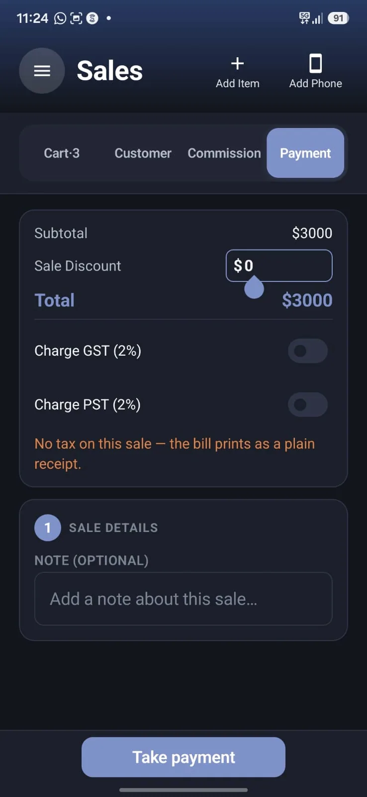 Aromex mobile app: the payment step of a sale with subtotal, discount, total, GST and PST toggles and a note