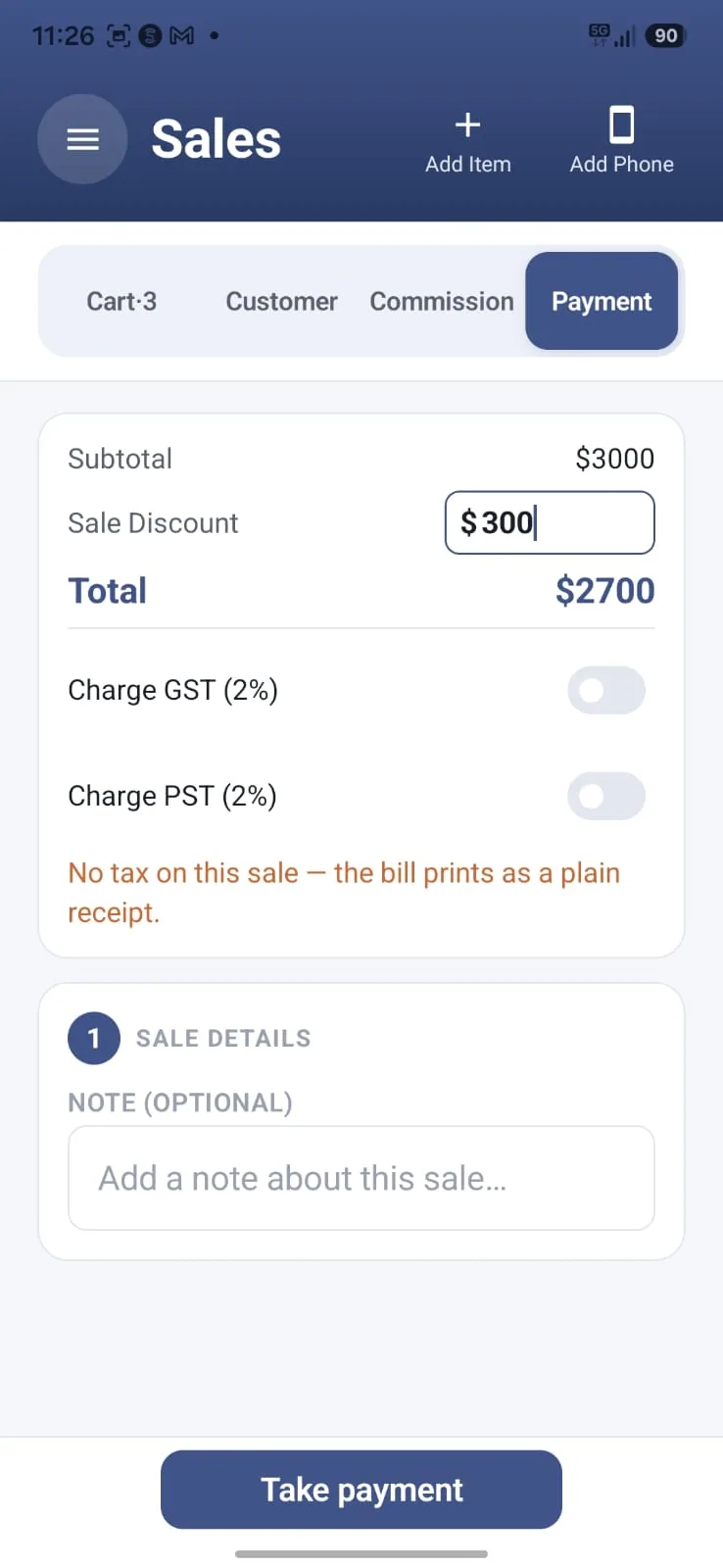 Aromex mobile app: the payment step of a sale with subtotal, discount, total, GST and PST toggles and a note