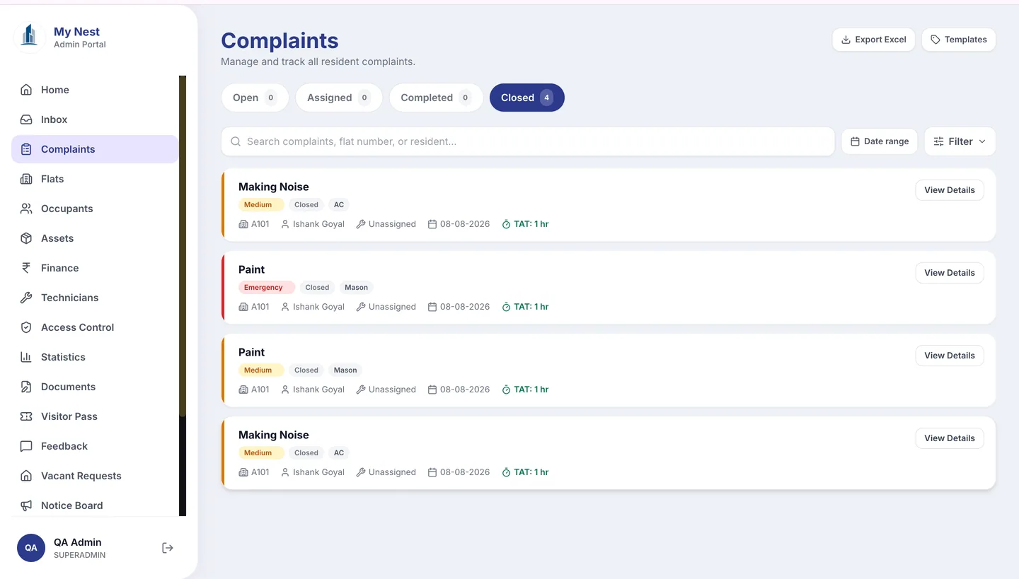 My Nest admin panel: Complaints filtered by open, assigned, completed and closed, each with its flat, assignee, date and turnaround time