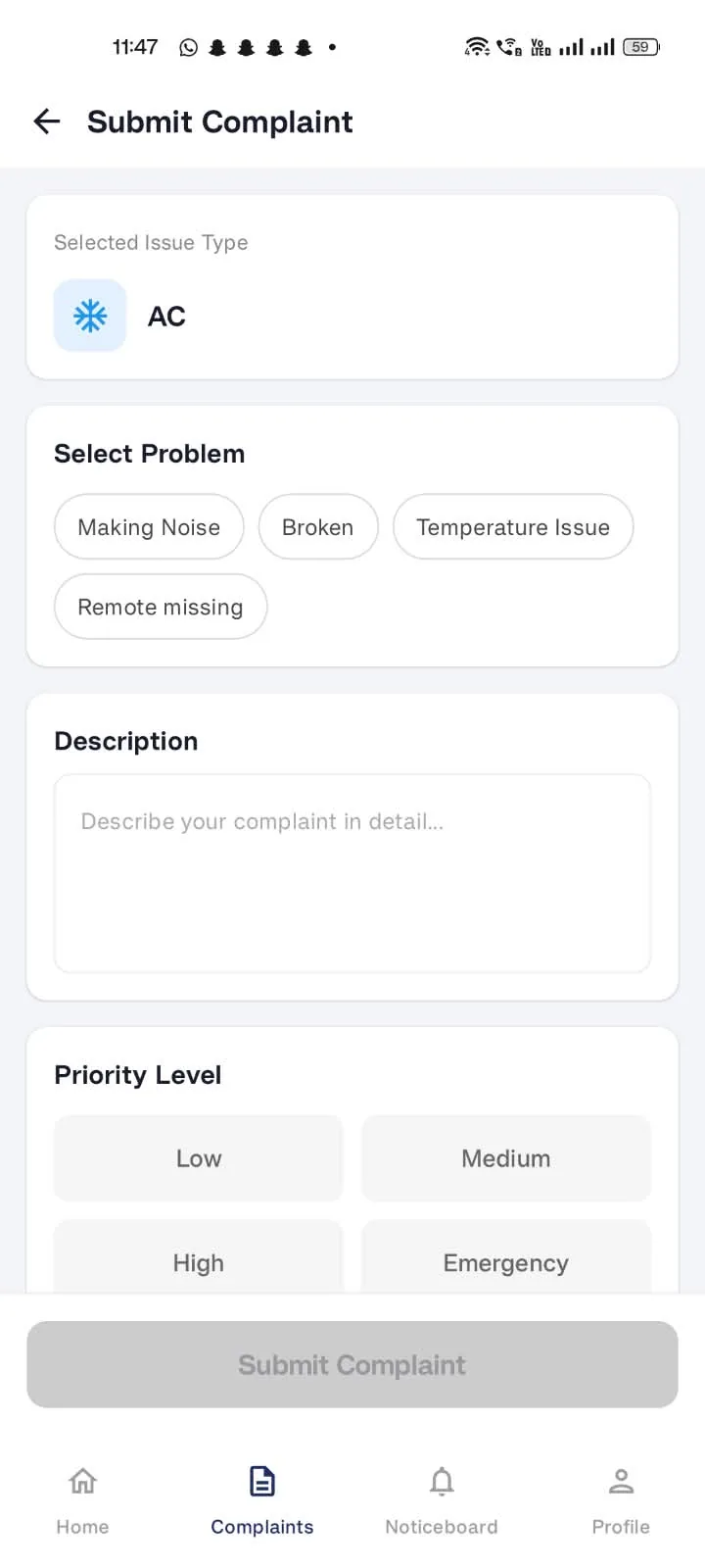 My Nest resident app: Submit Complaint with the issue type, a choice of problems, a description and a priority level