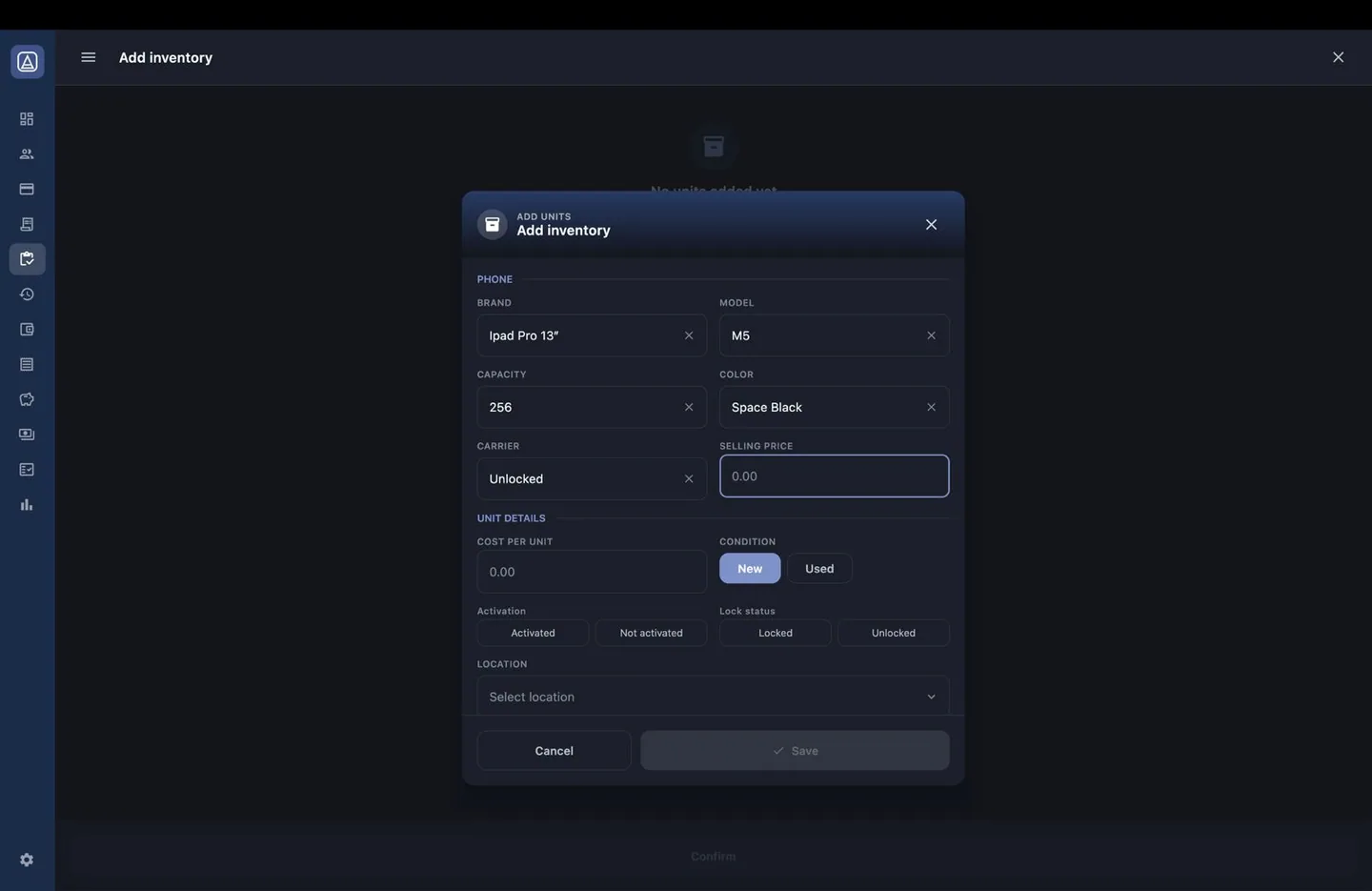 Aromex desktop app: the Add inventory dialog with model, capacity, colour, carrier, unit cost, condition, activation, lock status and location