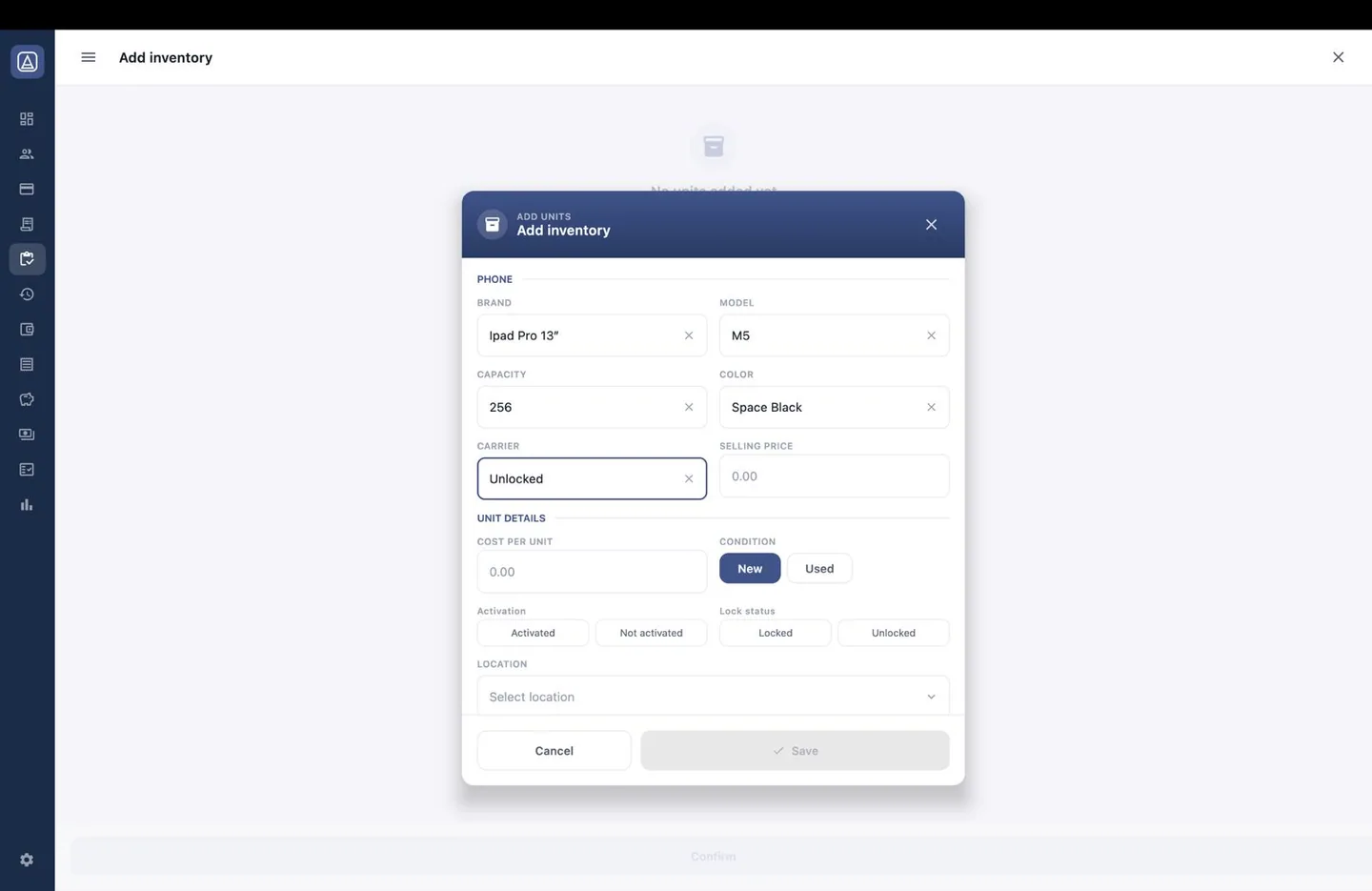 Aromex desktop app: the Add inventory dialog with model, capacity, colour, carrier, unit cost, condition, activation, lock status and location