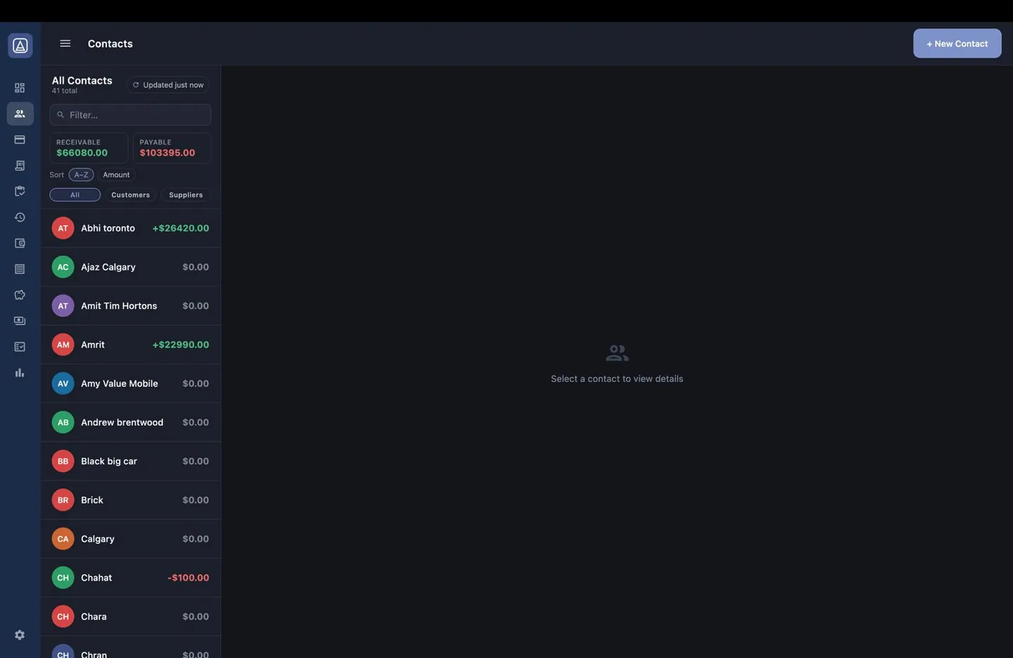 Aromex desktop app: Contacts list with receivable and payable totals and a filter between customers and suppliers