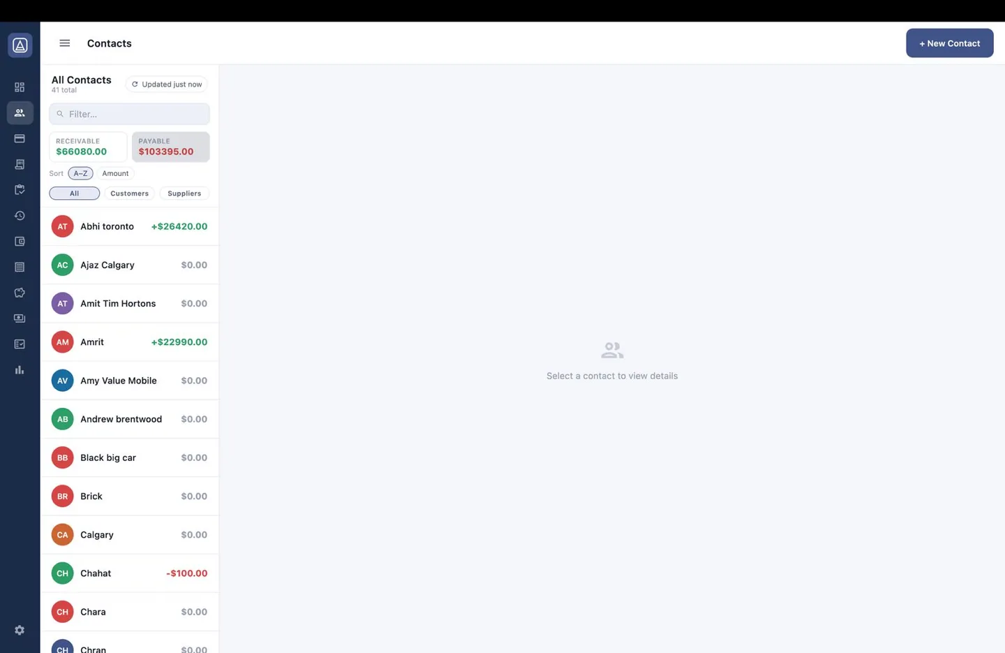 Aromex desktop app: Contacts list with receivable and payable totals and a filter between customers and suppliers