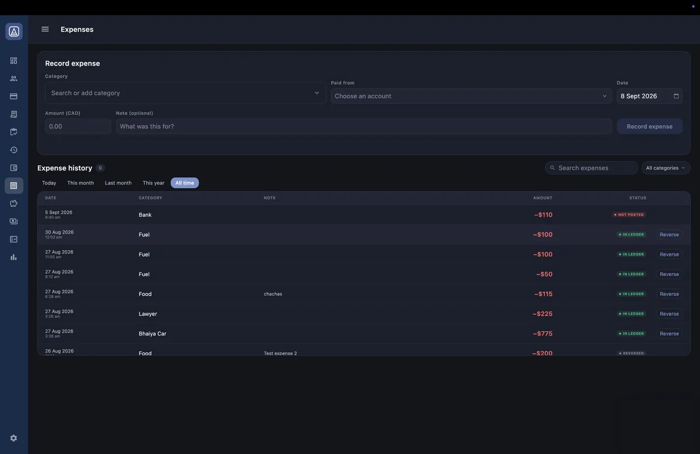Aromex desktop app: Record expense form above the expense history with amounts, accounts and status