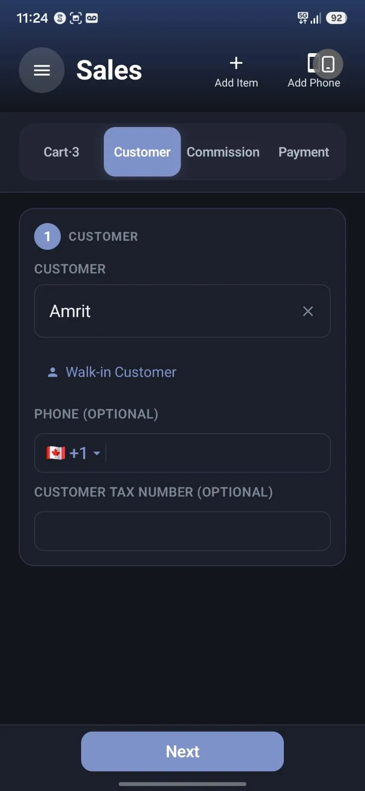 Aromex mobile app: the customer step of a sale with a walk-in customer, phone number and tax number