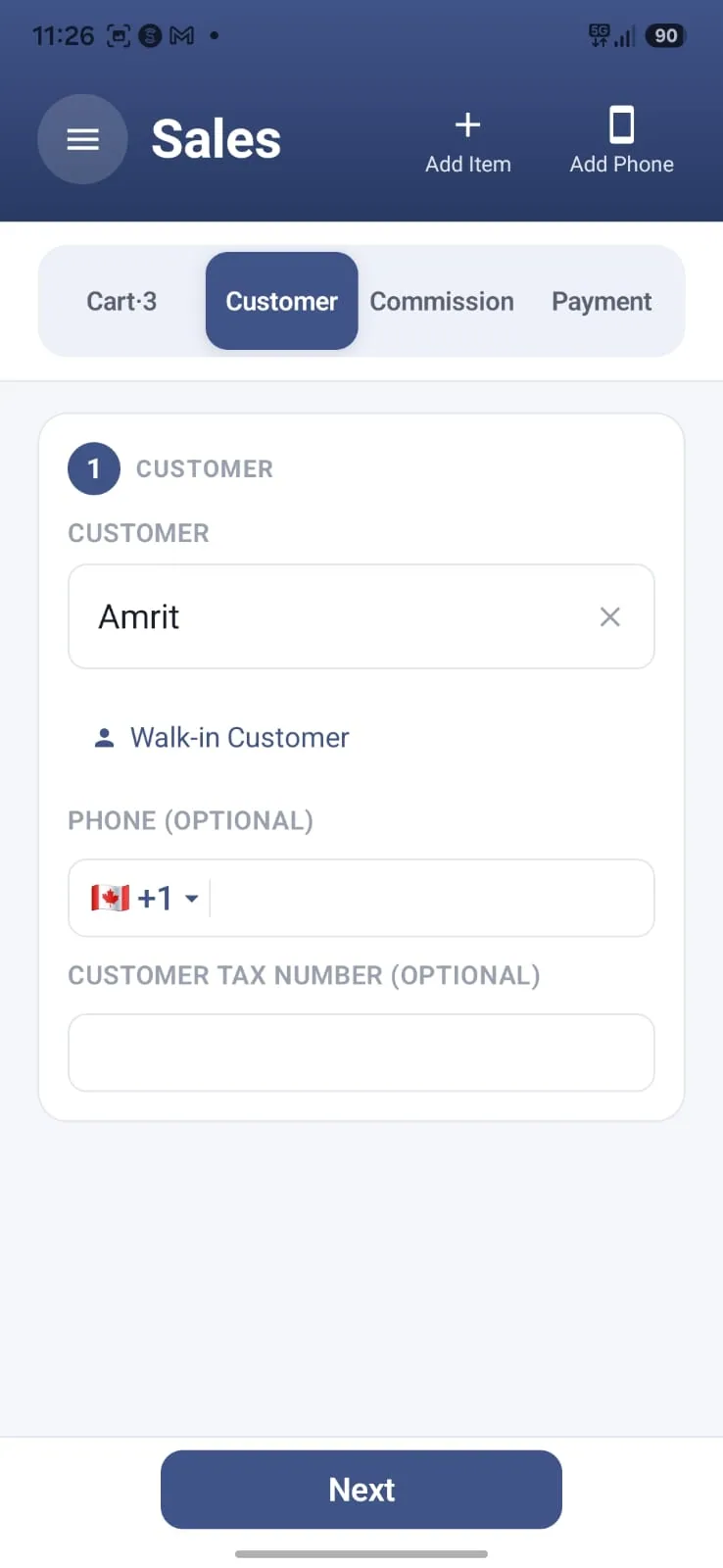 Aromex mobile app: the customer step of a sale with a walk-in customer, phone number and tax number