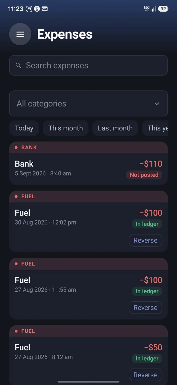 Aromex mobile app: Expenses filed by category with ledger status and a reverse action