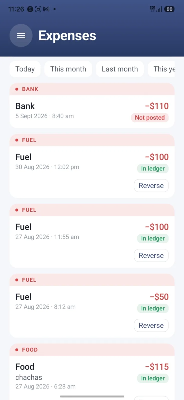 Aromex mobile app: Expenses filed by category with ledger status and a reverse action