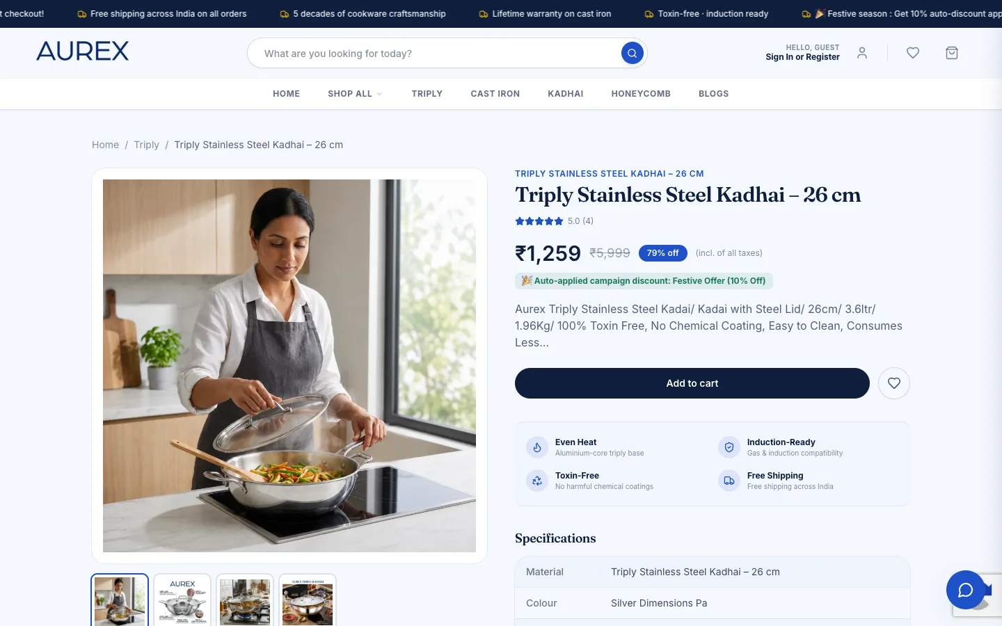 Product page for a triply kadhai with pricing, discount, description and add to cart