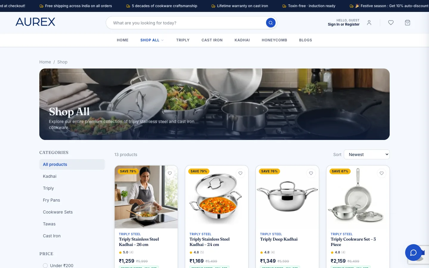 Shop page with category and price filters beside a grid of cookware products