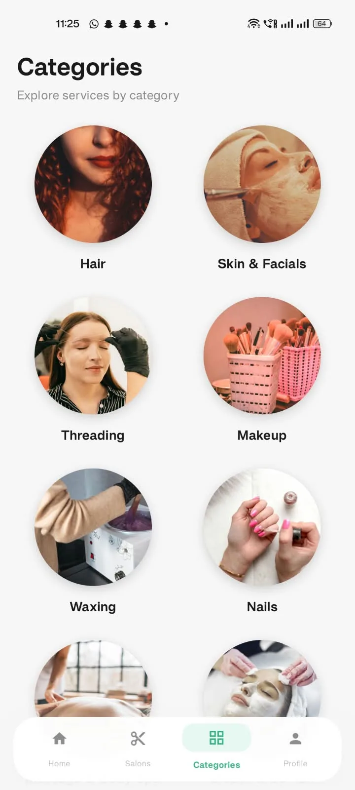 CutQ app: service categories including hair, skin and facials, threading, makeup, waxing and nails