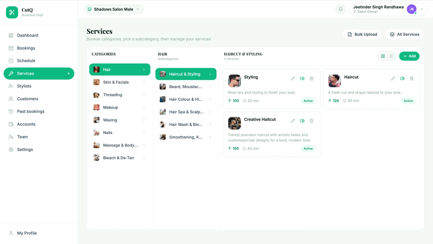 CutQ salon dashboard: the Services menu by category, each with a duration and price