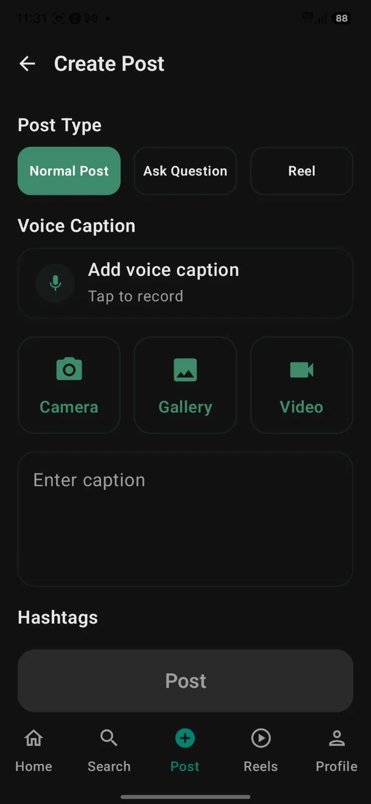 Kissangram app: Create Post with post type, voice caption, camera, gallery and video, caption and hashtags