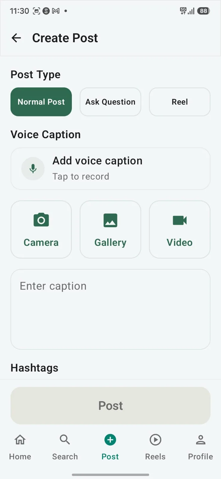 Kissangram app: Create Post with post type, voice caption, camera, gallery and video, caption and hashtags