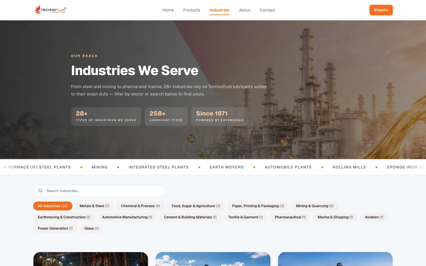 Industries index page listing every sector served
