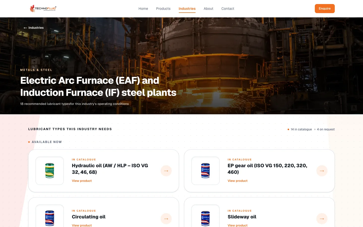 Industry landing page for steel plants listing the lubricant types the industry needs
