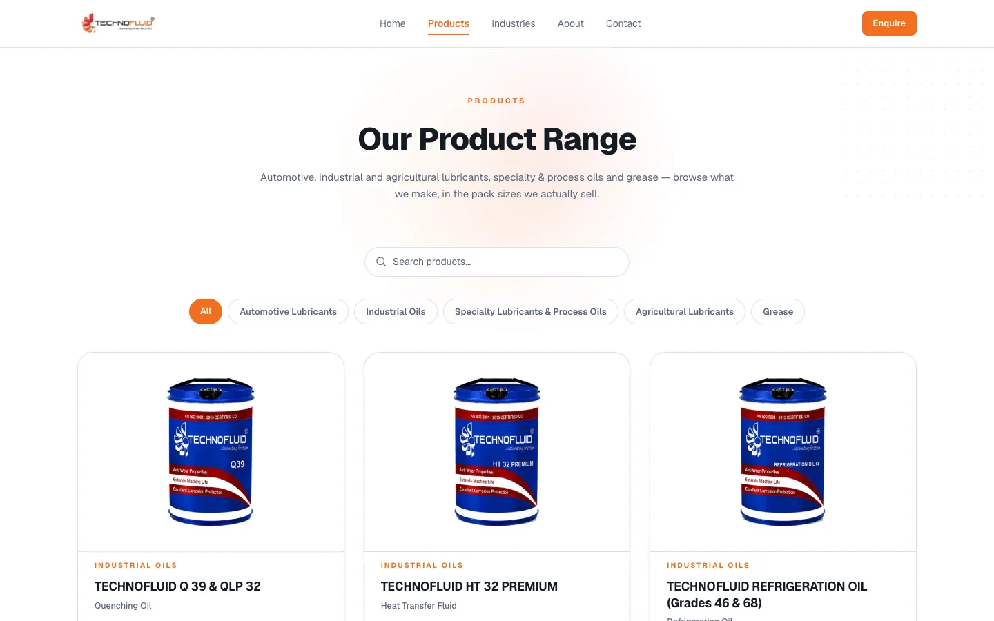 Product catalogue page with category filters and product cards