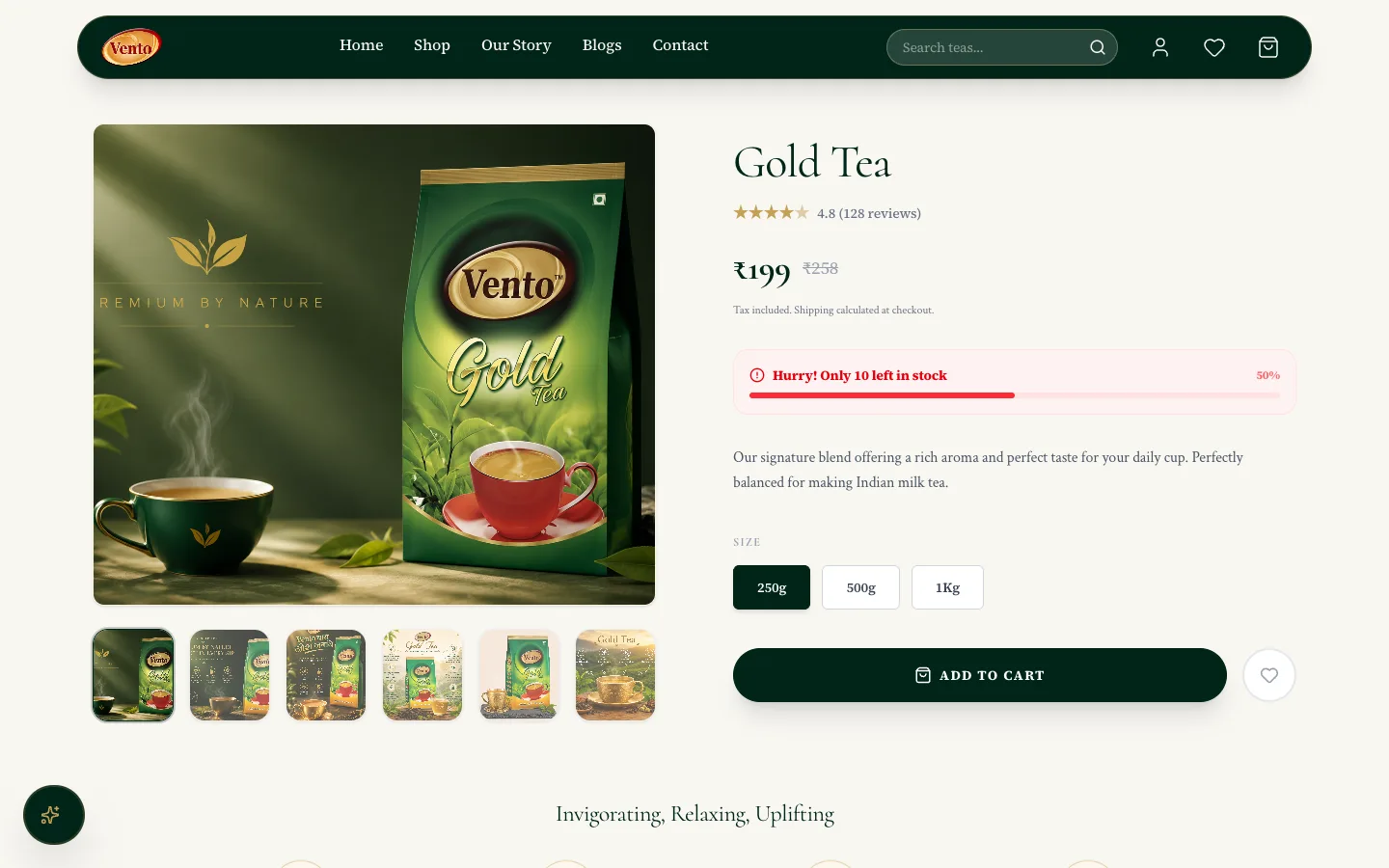 Product page for Gold Tea with pricing and add to cart